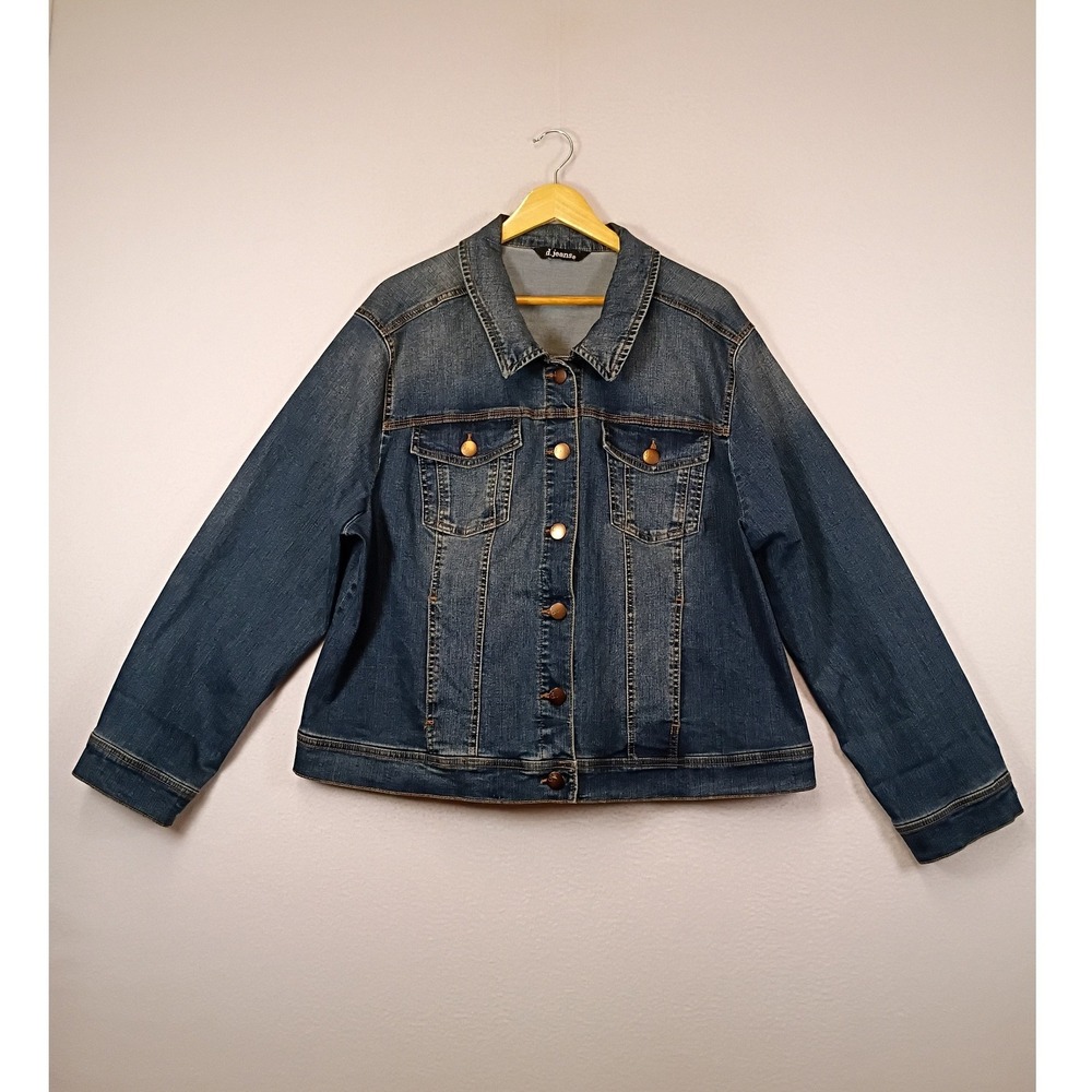 Classic Americana d.jeans Womens 2X Blue Dark Wash Stretch Denim Trucker Jacket‎